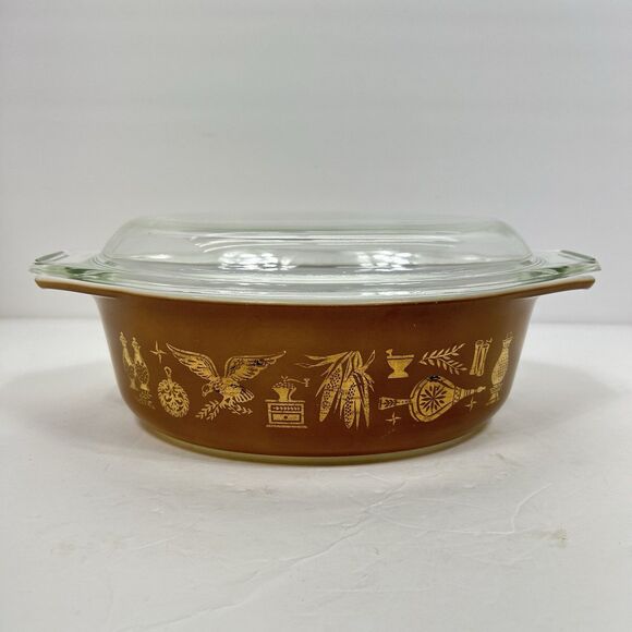 Vintage Pyrex 043 Early American Casserole & Lid  1.5 Quart Oval Brown Gold USA - Picture 3 of 13